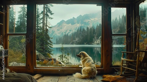 Through leaded dividedlight casements, the rugged Pacific Northwest wilderness spreads in an evergreen expanse, granite peaks mirrored in crystalline lake waters while the shaggy pewter flank of an ag photo