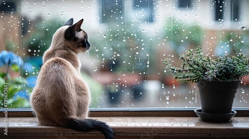 Lonesome Siamese cat gazing outside rainstreaked window, awaiting owners return, tail swishing with anticipation