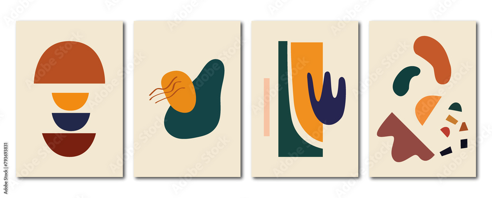 Flat abstract posters. Minimalist illustrations with shadow, geometric shapes, lines and pastel colors. In vintage style. Design for wall decoration, cardboard, poster or brochure..