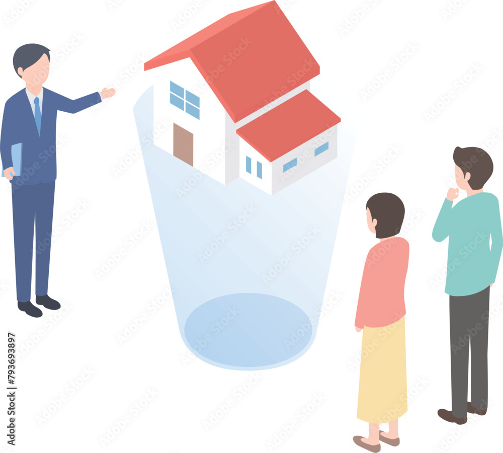 住宅の完成イメージをバーチャルで確認している人々のアイソメトリックイラスト