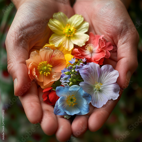 hands holding real colourful flowers with joy