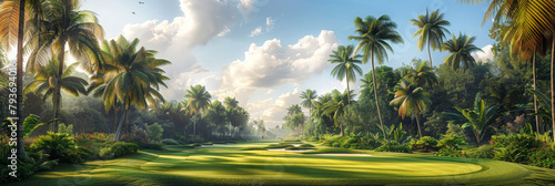 A green golf course in the tropics surrounded by palm trees and sand. for conveying the precision and elegance of the golfing lifestyle