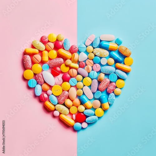The image captures assorted pills arranged in a heart shape on a pink and blue split background, symbolizing health and care