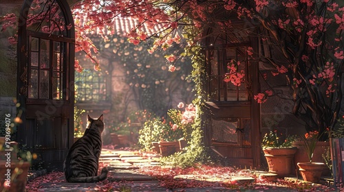 Framed by a halfopen Dutch door onto a lush English gardens blooming pathways, buttery sunrays dapple a cherry blossom canopy while the distinct tabby spiral of a curled feline form radiates tranquil