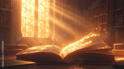 The Christian church is the blurred background, the stairs lead to a door, there are some books on the stairs, there is an enchanted book glowing, love and hope, the background is sunlight and bokeh, 