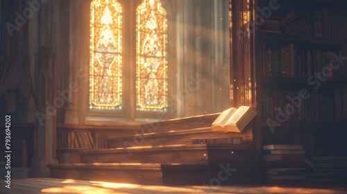 The Christian church is the blurred background, the stairs lead to a door, there are some books on the stairs, there is an enchanted book glowing, love and hope, the background is sunlight and bokeh, 