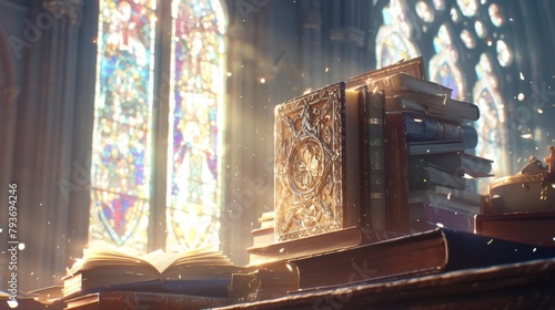 The Christian church is the blurred background, the stairs lead to a door, there are some books on the stairs, there is an enchanted book glowing, love and hope, the background is sunlight and bokeh, 
