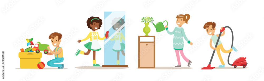 Children Character Helping With Home Cleanup Vector Set Children Character Helping With Home Cleanup Vector Set
