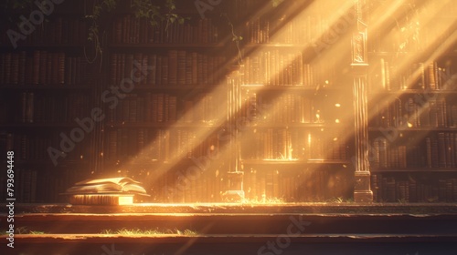 The Christian church is the blurred background, the stairs lead to a door, there are some books on the stairs, there is an enchanted book glowing, love and hope, the background is sunlight and bokeh,  © Da