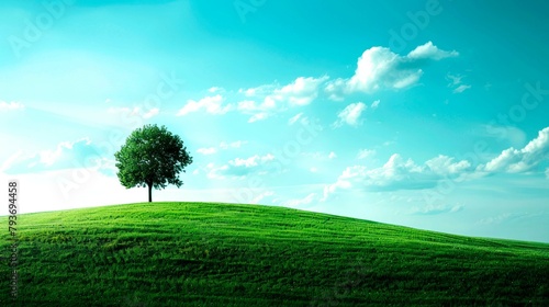 landscape of green hill and a tree, background 