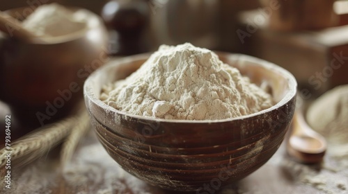 Close up view of a bowl containing organic wheat flour