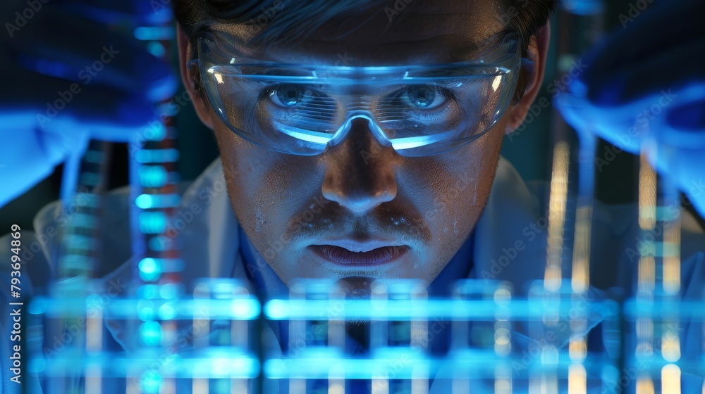 Geneticist in a genomic lab, meticulous, examining DNA sequences, intrigued, styled as sharp, detailed close-up. Geneticist in a genomic lab, meticulous, examining DNA sequences, intrigued, styled as sharp, detailed close-up.