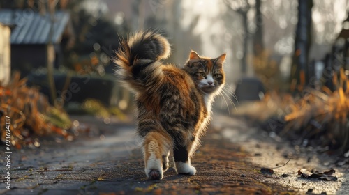A fluffy calico tail sways hypnotically before our eyes, glimpses of theneighborhood visible beyond as the feline remains steadfastly poised, heedless of our presence, resolutely focused on the path l photo