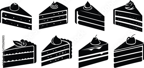 Cake slice silhouettes set. Black and white cake slices. Vector illustration