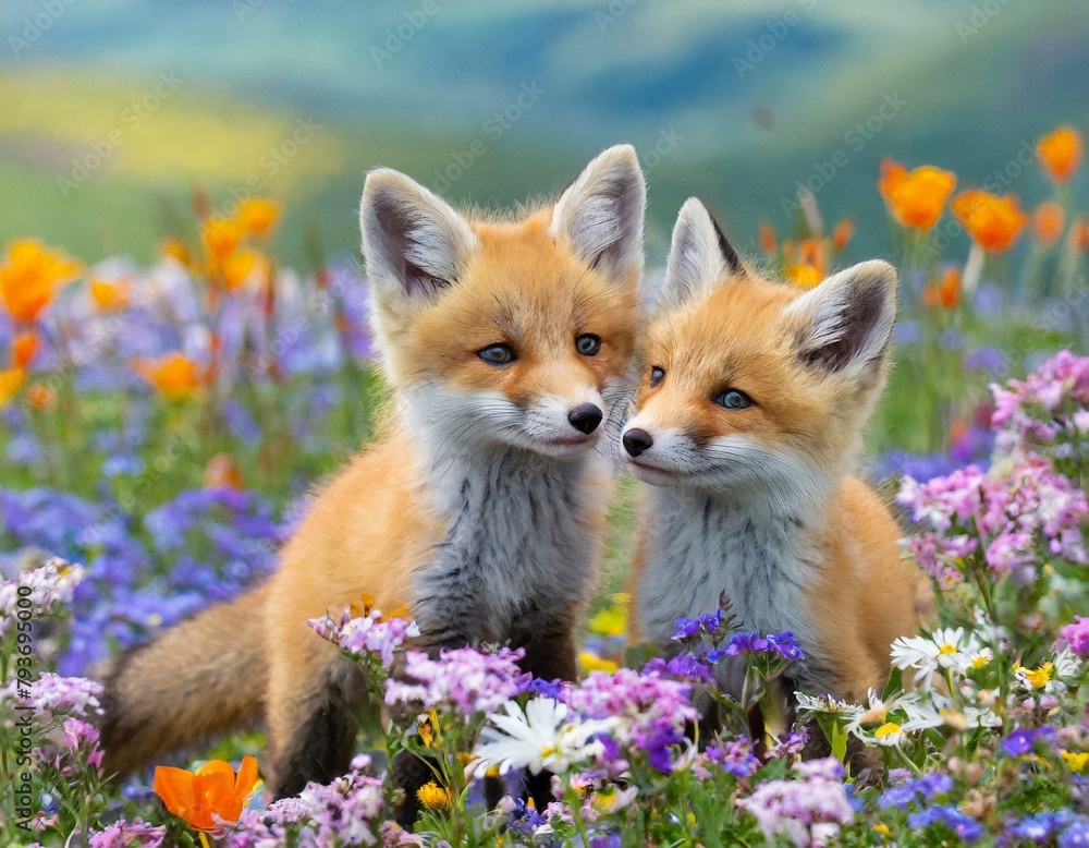 Fototapeta premium Two cute baby foxes in a flowery meadow