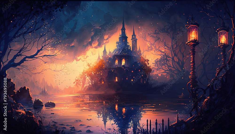 Sunset over a castle in the forest