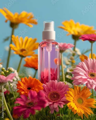 A pink, translucent spray bottle stands out amidst a field of yellow and pink gerbera daisies