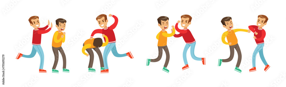 Two Boys Fist Fighting and Beating Each Other Vector Set