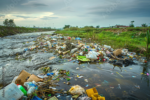River that is polluted with various garbage and trash, Polluted rivers