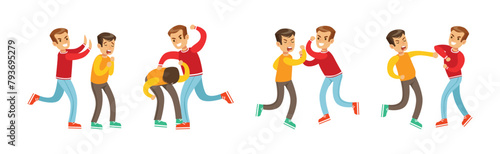Two Boys Fist Fighting and Beating Each Other Vector Set © topvectors