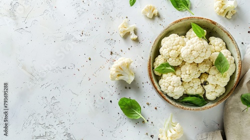 Cauliflower on white background with copy space, top view