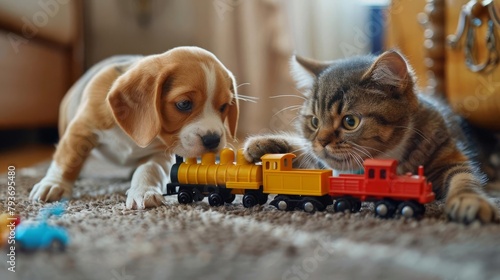 A mischievous Beagle puppy yanks a colorful toy train across the floor, narrowly avoiding the outstretched paw of a grumpy Persian cat Sparks of playful rivalry fly as they vie for control of the trai photo