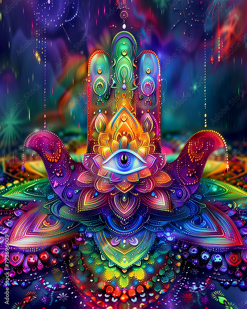 A colorful hand with a large eye is surrounded by a lot of other colorful shapes A colorful hand with a large eye is surrounded by a lot of other colorful shapes