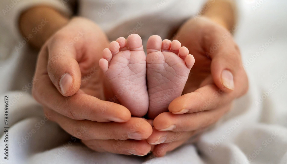Extreme close-up of soft bare feet of a newborn baby wrapped in the mother hands (cupped hands). Mom and her child, happy family and maternity concept. Generative Ai. Extreme close-up of soft bare feet of a newborn baby wrapped in the mother hands (cupped hands). Mom and her child, happy family and maternity concept. Generative Ai.