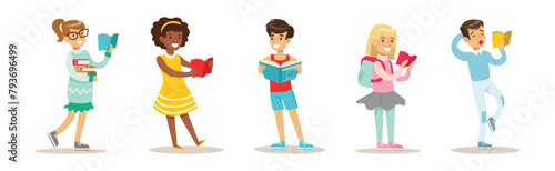 Kid Character Reading Book Enjoying Literature Vector Set