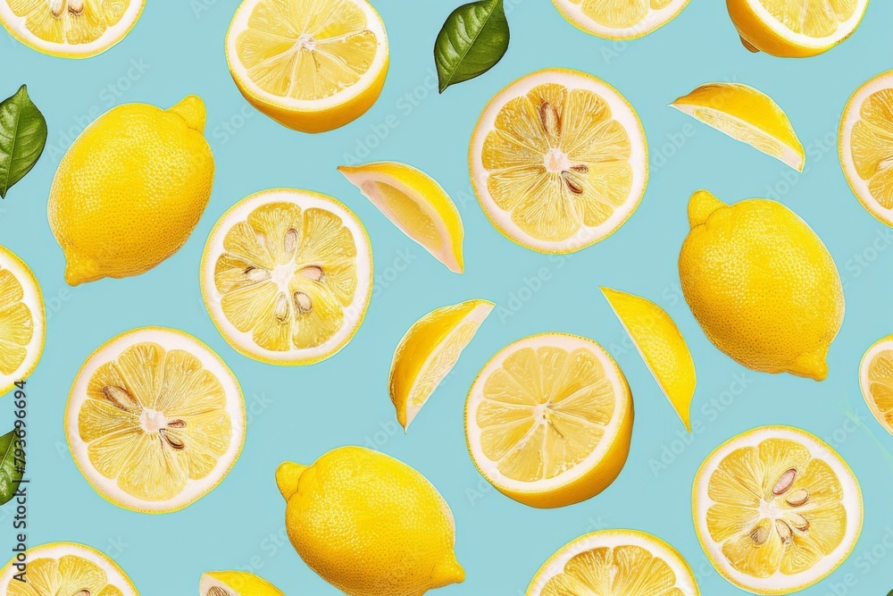 lemon slices seamless pattern on blue background flat lay top view