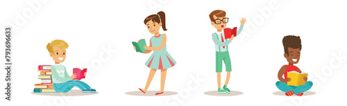 Kid Character Reading Book Enjoying Literature Vector Set