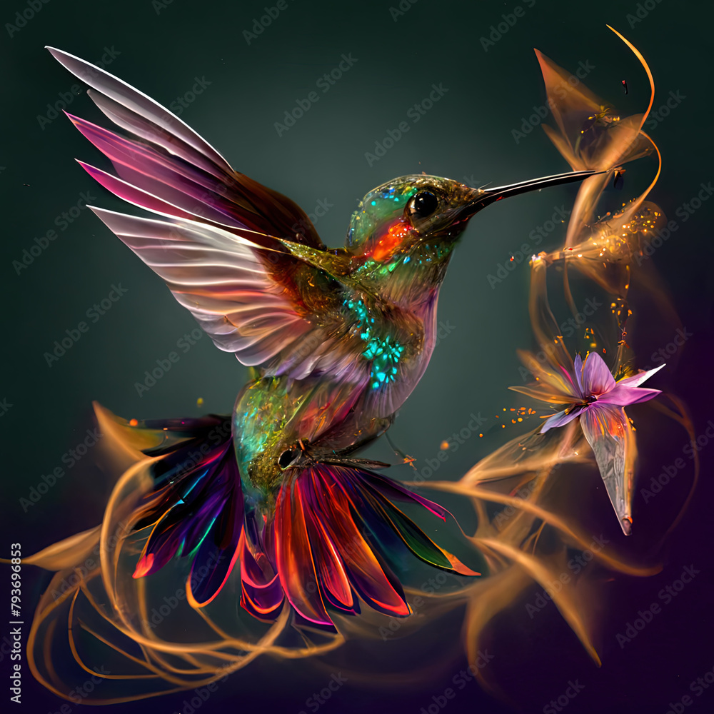 Hummingbird in flight with floral background