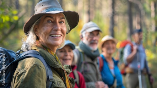 Hiking, adventure, and exploration with elderly companions in a forest or woods while taking in the sights. Retired people exploring and walking outside