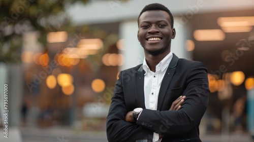For startup, black man and leader clasped arms, outdoor and smiled. Jamaican young man, entrepreneur, and CEO with leadership, management, and happiness for success, relaxation, and nature.