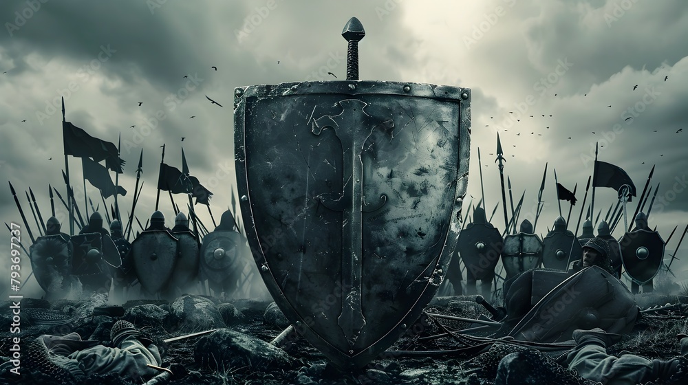 Fototapeta premium Valiant Legions Converge on the Foreboding Battlefield in a Clash of Steel and Might