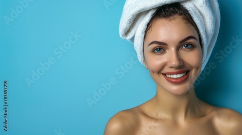 Woman  hair towel  studio portrait  blue background  beautiful face. Female model  head towel  clean shower  dermatology  cheerful spa  wellness  smile  and facial in bathroom.