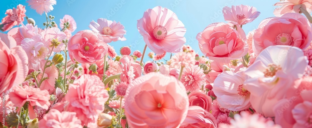 Soft focus view of bright pink flowers in full bloom, bathing in sunlight, giving a feel of warmth and growth Soft focus view of bright pink flowers in full bloom, bathing in sunlight, giving a feel of warmth and growth