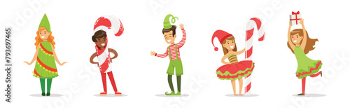Happy Children Character Wearing Christmas Costumes Vector Set