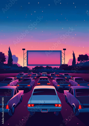 illustration d'un drive-in Américain avec des voitures alignées en face d'un écran de cinéma en extérieur - format vertical	
