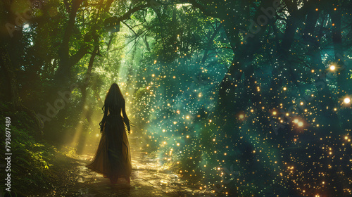 Powerful woman sorcerer walking in fairy forest 