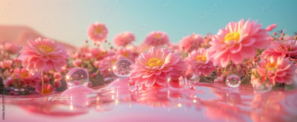 Obraz premium Calm water reflects the delicate beauty of blooming flowers, with sunlight enhancing their hues and a tranquil atmosphere inviting contemplation