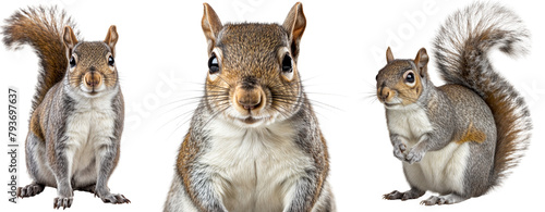 Grey squirrel bundle, sitting and portrait, isolated on a transparent background © Flowal93