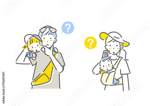 夏の旅行中の四人家族　考える　シンプルでお洒落な線画イラスト