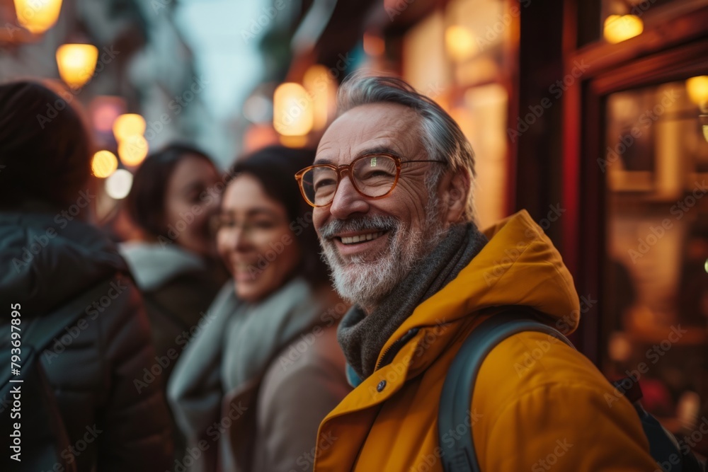 Senior man in yellow jacket and glasses with his friends in the background. Senior man in yellow jacket and glasses with his friends in the background.
