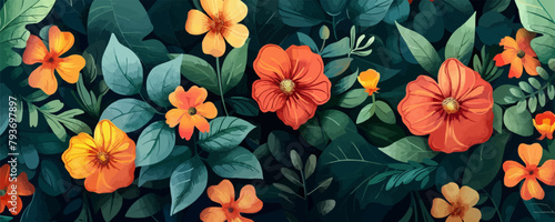 Stylish floral seamless rapport summer flowers with foliage. Vector