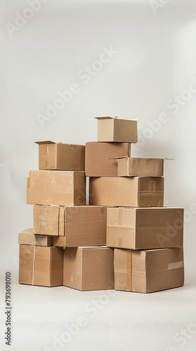 Assorted Stacked Shipping Boxes on White Background