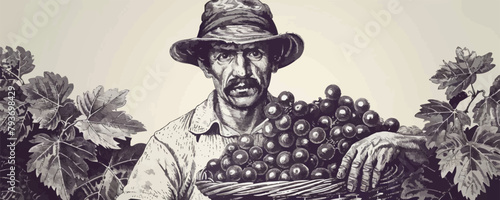 Farmer with a basket of grapes drawn in vintage engraving style. Viticulture, vineyard sketch. vector simple illustration