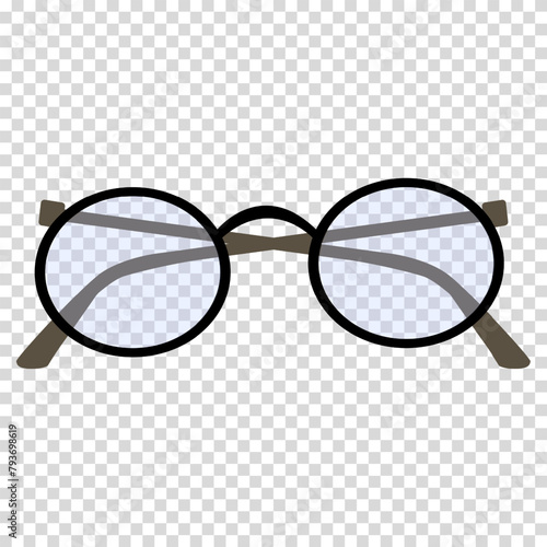 Glasses, clear lenses, black spectacle frames, flat design, simple image, cartoon style. Advertising for a glasses and vision correction store concept. Vector line icon for business and advertising