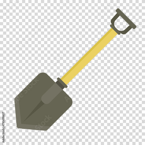 Military shovel with a yellow handle, work, labor, construction, excavation, flat design, simple image, cartoon style. Specialized tools concept. Vector line icon for business and advertising