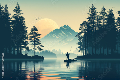 A man is fishing in a lake with a beautiful sunset in the background © Bonya Sharp Claw